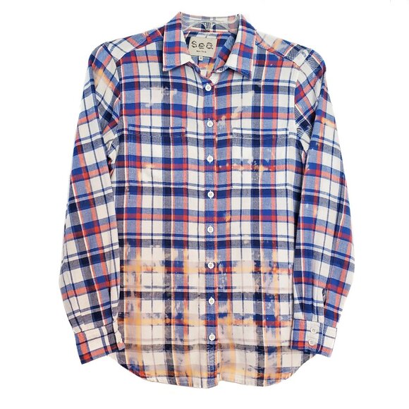 Sea New York Bleached Split Back Plaid Flannel Button Down - Picture 1 of 7